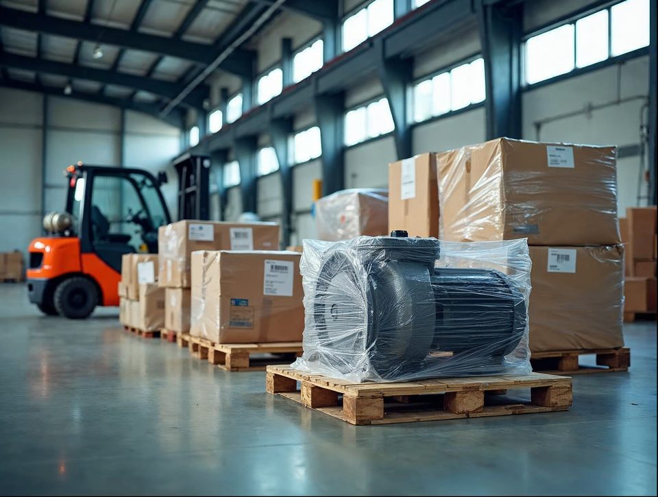 Boxed components and finished assemblies on pallets beside a loading dock in a bright industrial building