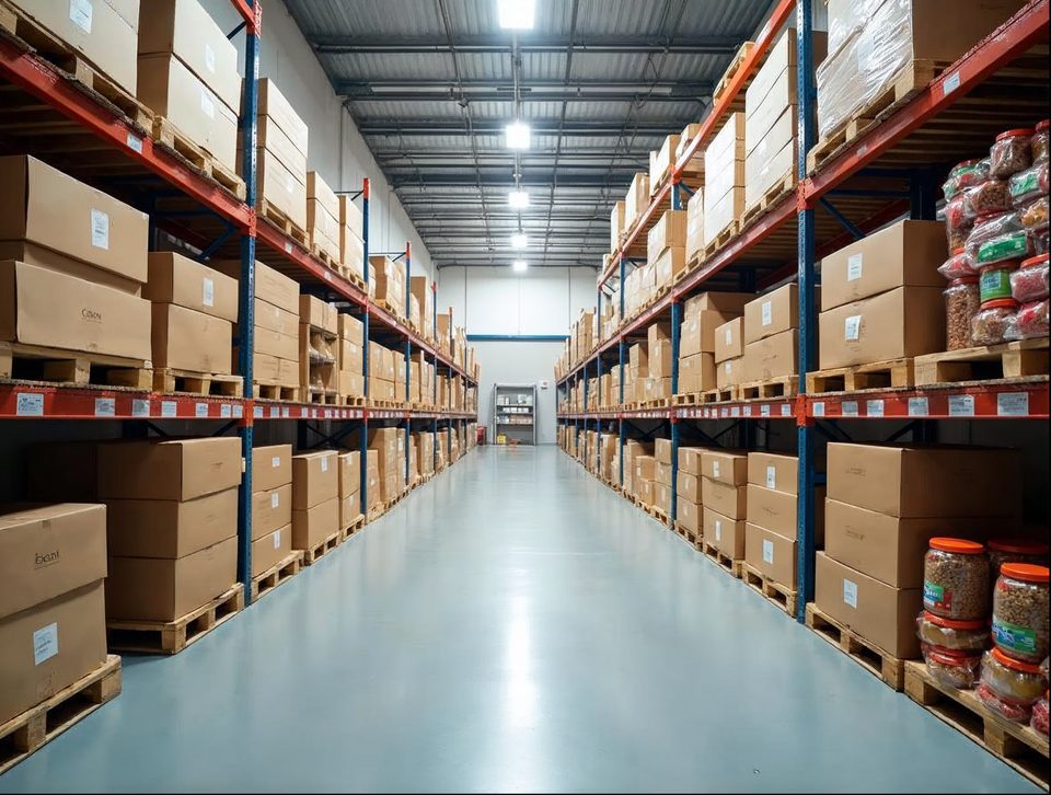 Pallets of boxed grocery goods and natural foods on tall racks in a spotless temperature-controlled room
