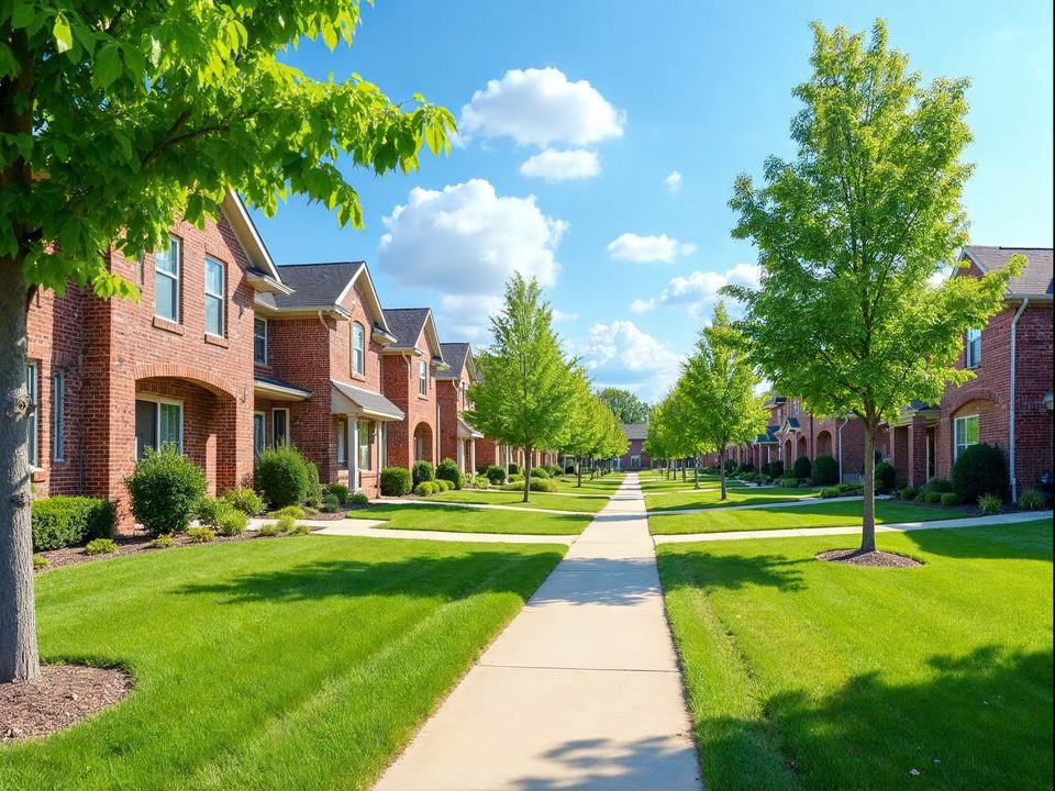 Quiet suburban street with young trees and brick homes in Grain Valley, Missouri on a bright afternoon