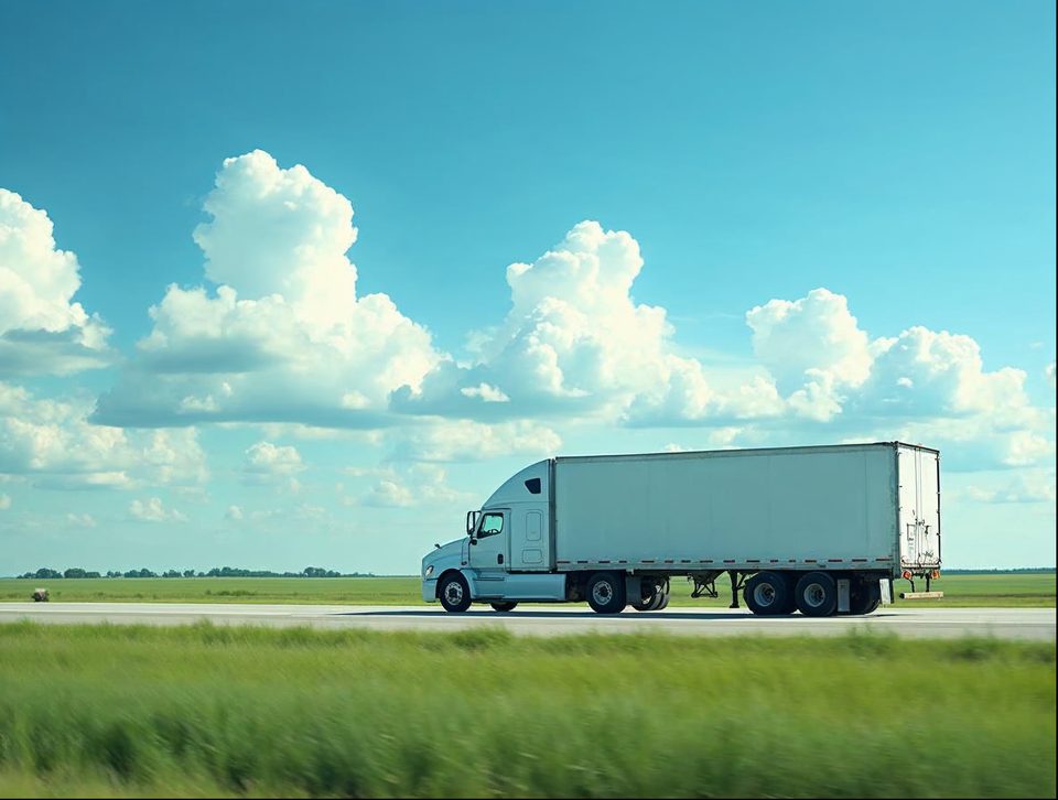 Delivery truck driving along a wide interstate under a blue sky with green fields on both sides