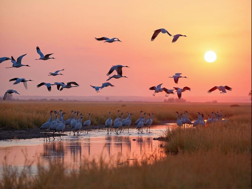 Flock of sandhill cranes standing in a golden Platte River valley field near Grand Island, Nebraska at sunrise