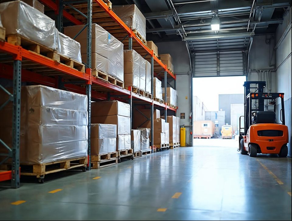 Crated industrial equipment and palletized finished goods on heavy-duty racks beside a loading door