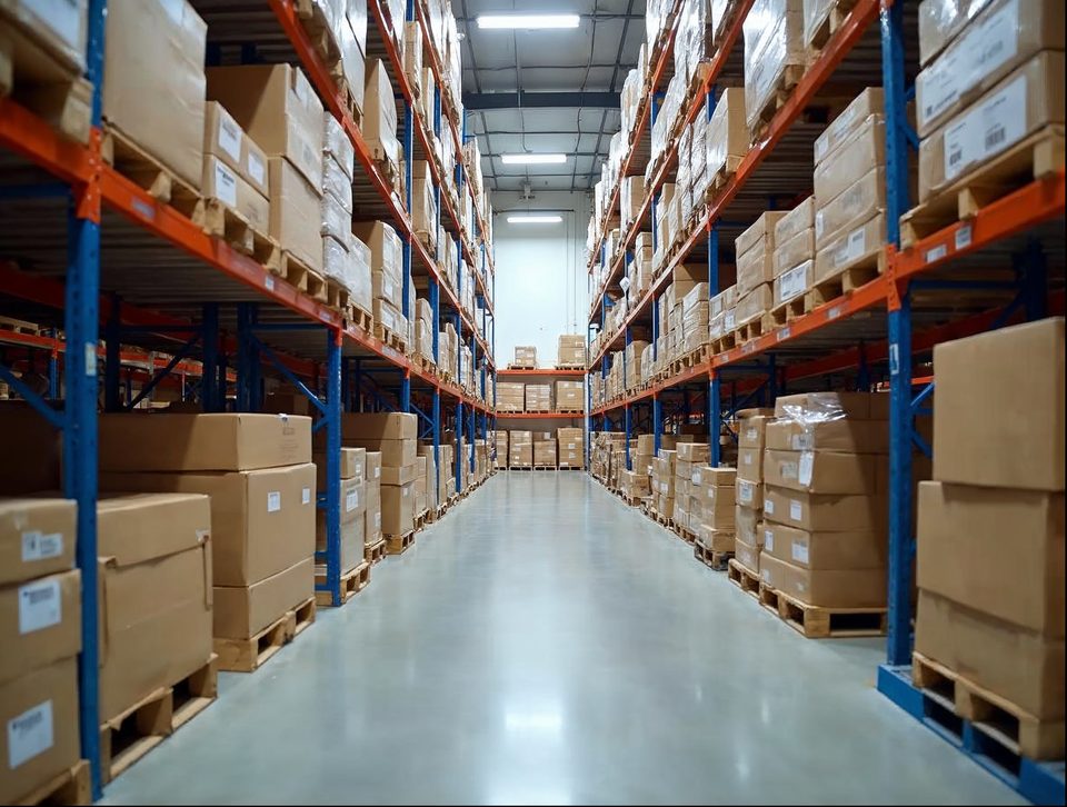 Racks of cartons holding grocery and natural food items inside a bright, climate-controlled room