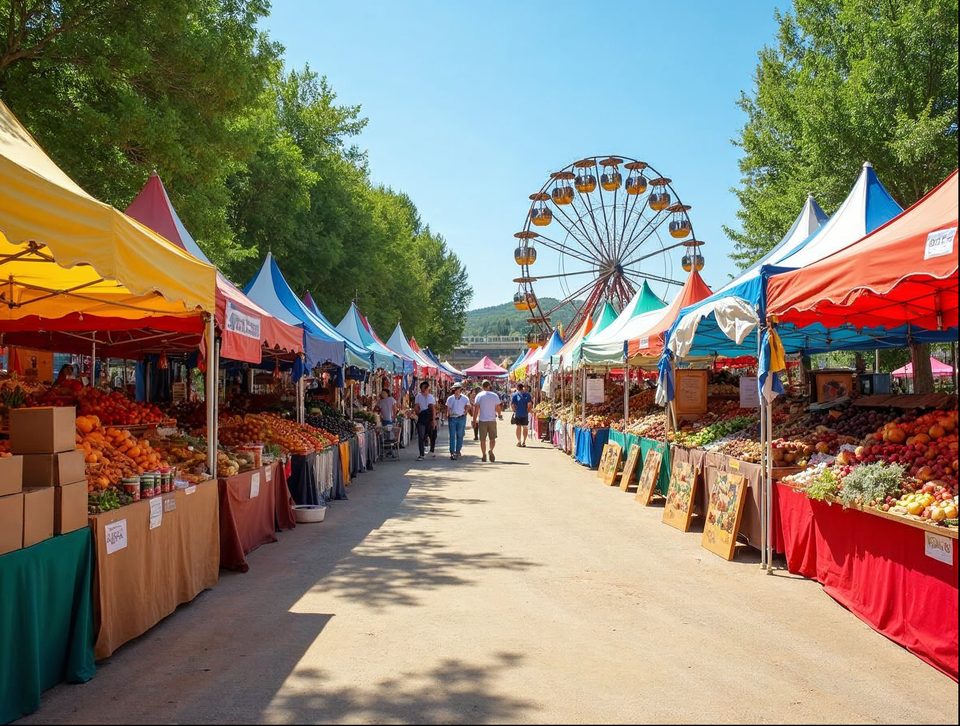 Colorful vendor booths and display tables full of goods at a sunny outdoor fair with a Ferris wheel behind