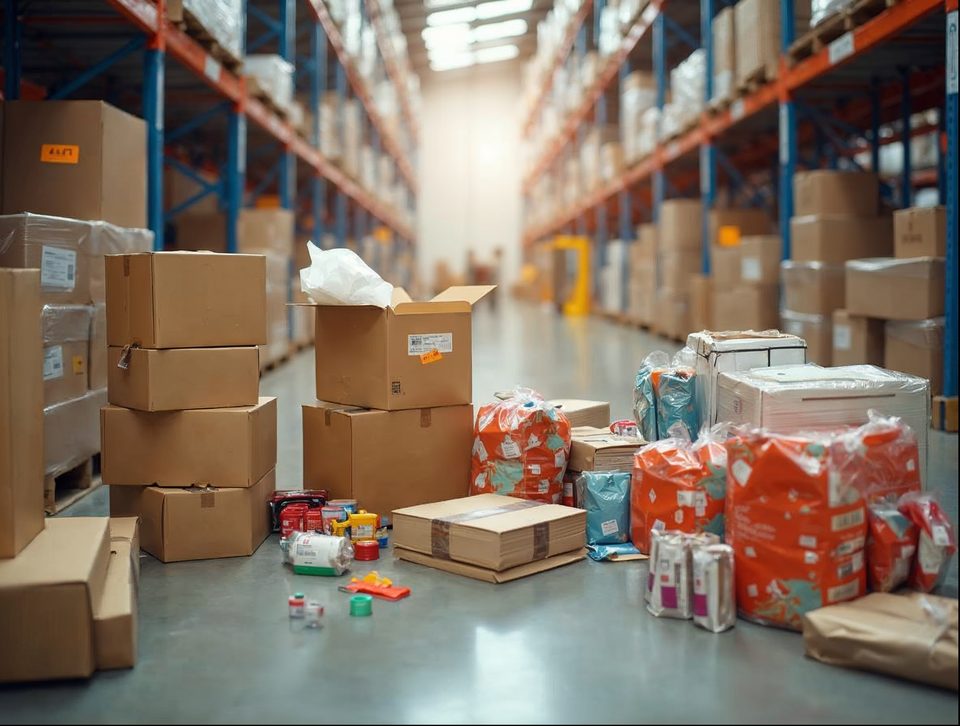Bright packing station with open shipping cartons, tape and colorful retail products ready for carrier pick-up