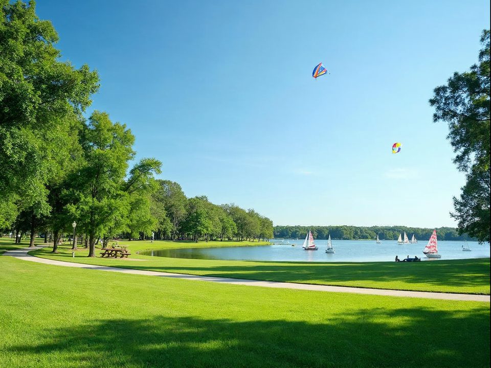 Sunlit grassy lakeside park with walking paths and sailboats on blue water near Grand Prairie, Texas