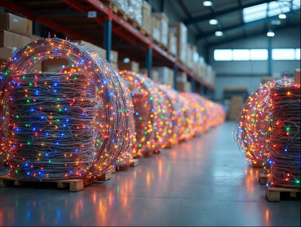 Strings of colorful holiday lights coiled on shelves next to large display pieces in a bright storage area