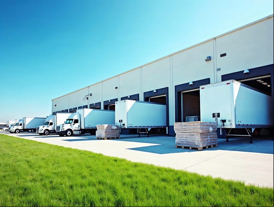 Trailers backed up to open dock doors with workers moving wrapped pallets under a clear blue sky