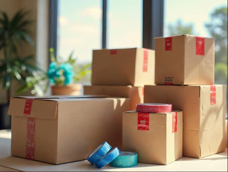 Shipping boxes stacked beside colorful packing supplies on a sunlit table ready for labels