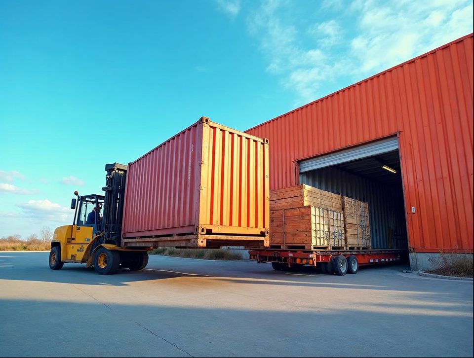 Open shipping container at a sunny loading dock while a yellow lift truck carries a wrapped pallet