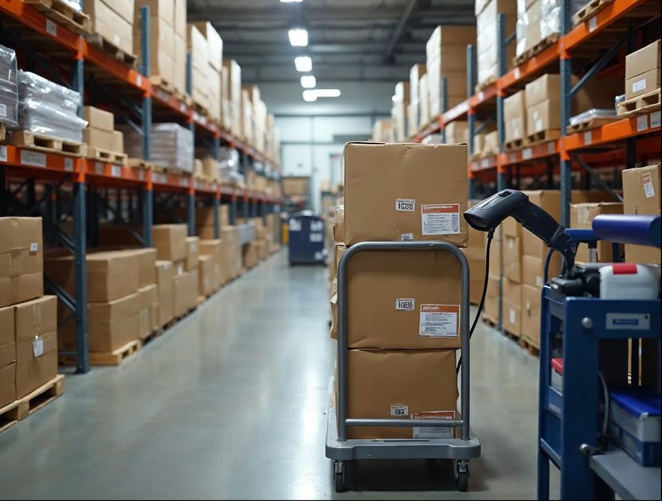 Neatly labeled boxes of uniforms and supplies on tall racks with a barcode scanner resting on a cart