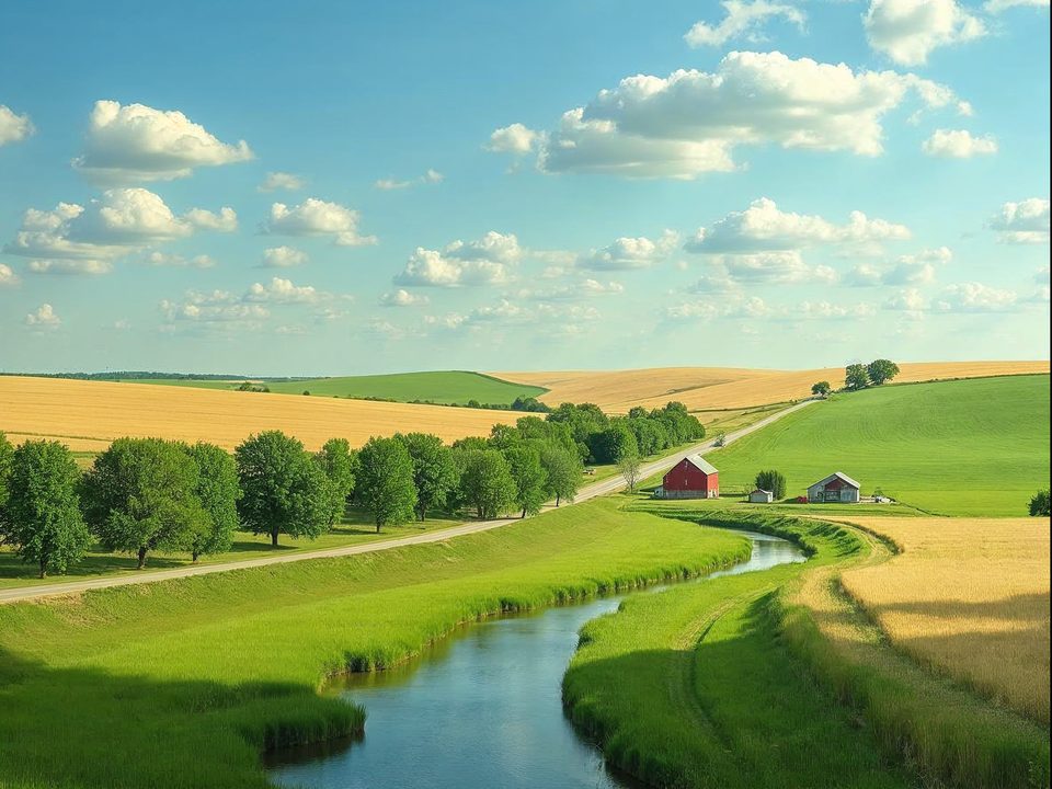 Rolling green farmland and a straight country road near a small Nebraska village on a sunny summer afternoon