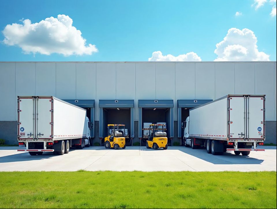 Semi trucks lined up at wide loading dock doors with forklift drivers shifting stretch-wrapped loads in strong sunshine