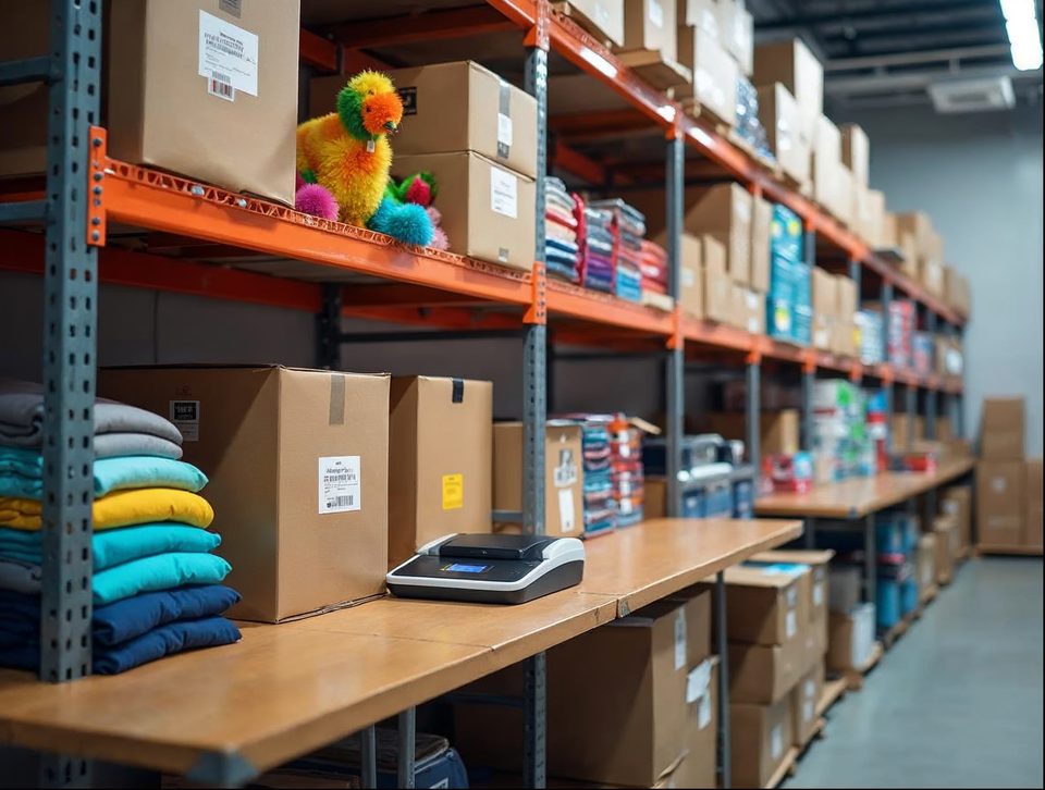 Rows of stacked shipping boxes and colorful consumer goods on a shelving unit beside a packing bench