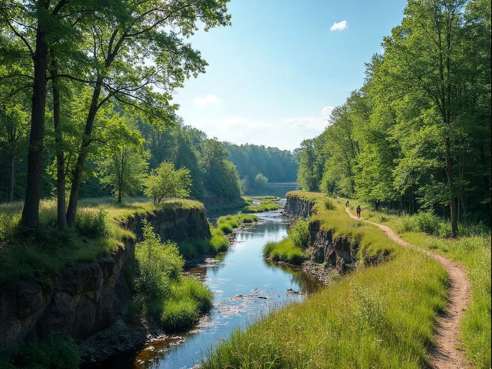 Wooded trail and limestone bluff above the Platte River valley in a state recreation area near Gretna, Nebraska