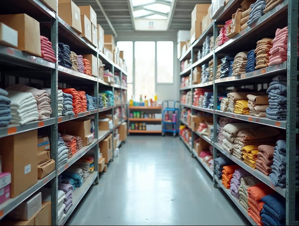 Racks of folded apparel and boxed retail merchandise on shelves in a bright, tidy stockroom