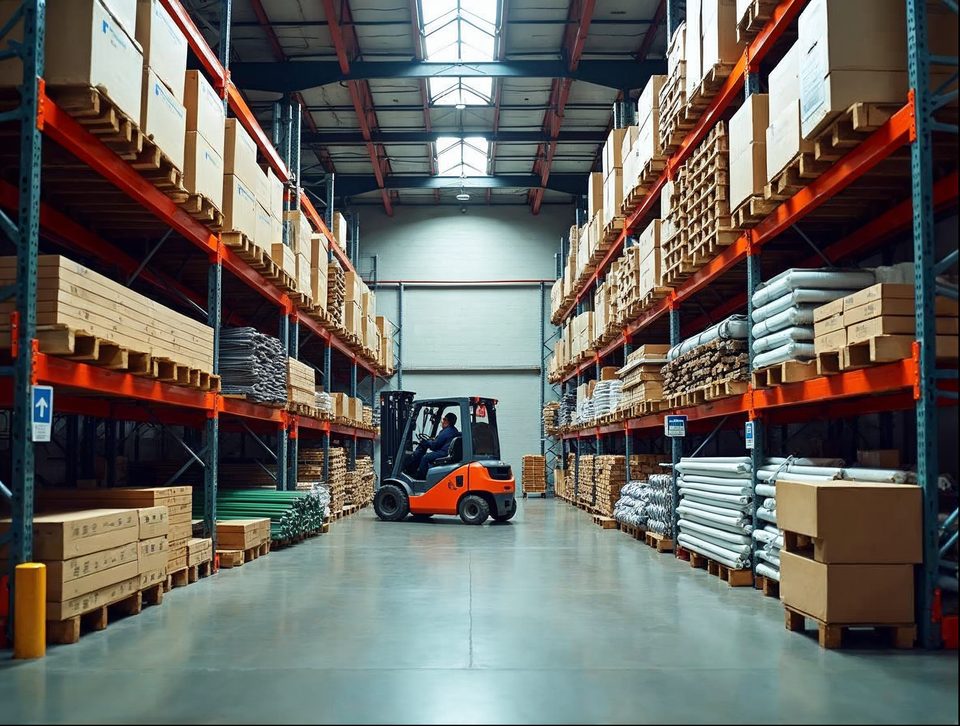 Stacked bundles of lumber, pipe and boxed fixtures on heavy-duty racks inside a well-lit storage building