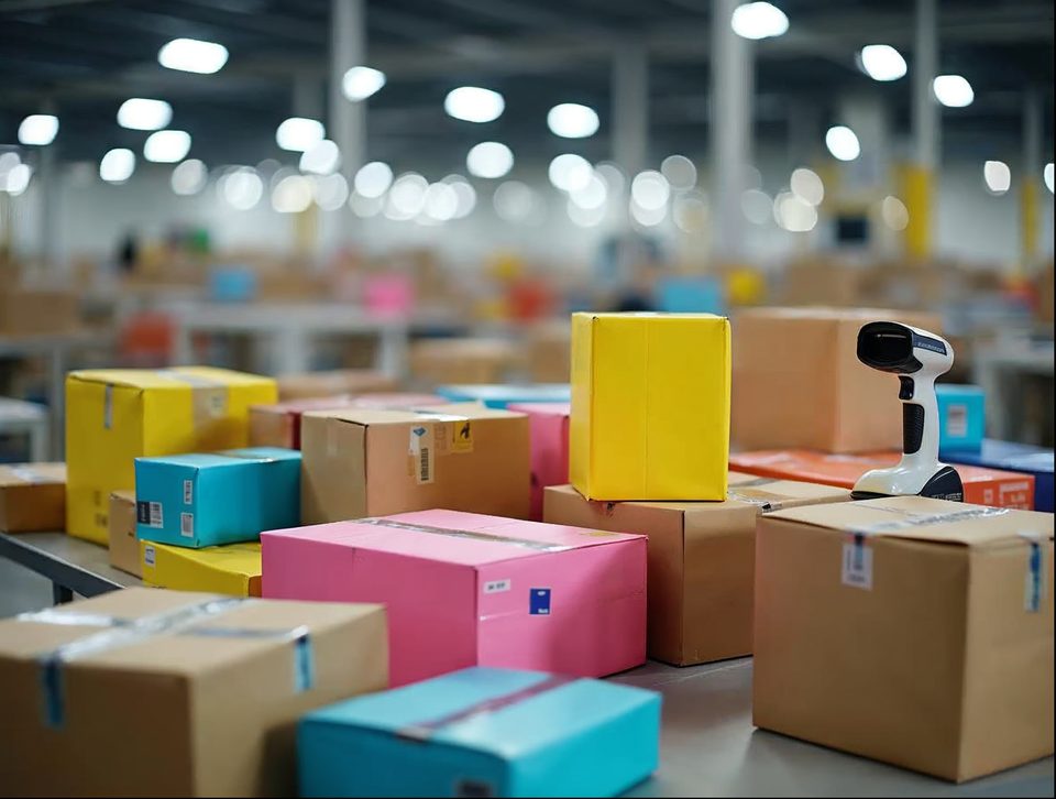 Colorful packed parcels and brown boxes stacked on a conveyor table in a bright fulfillment area