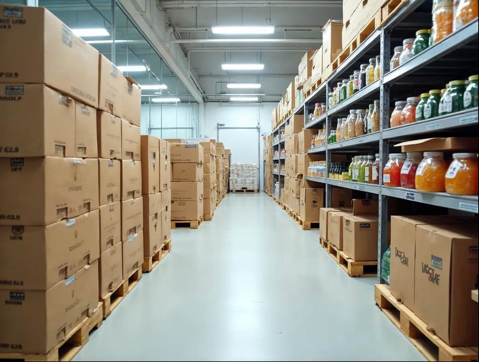 Pallets of boxed natural foods and produce crates in a clean refrigerated storage room
