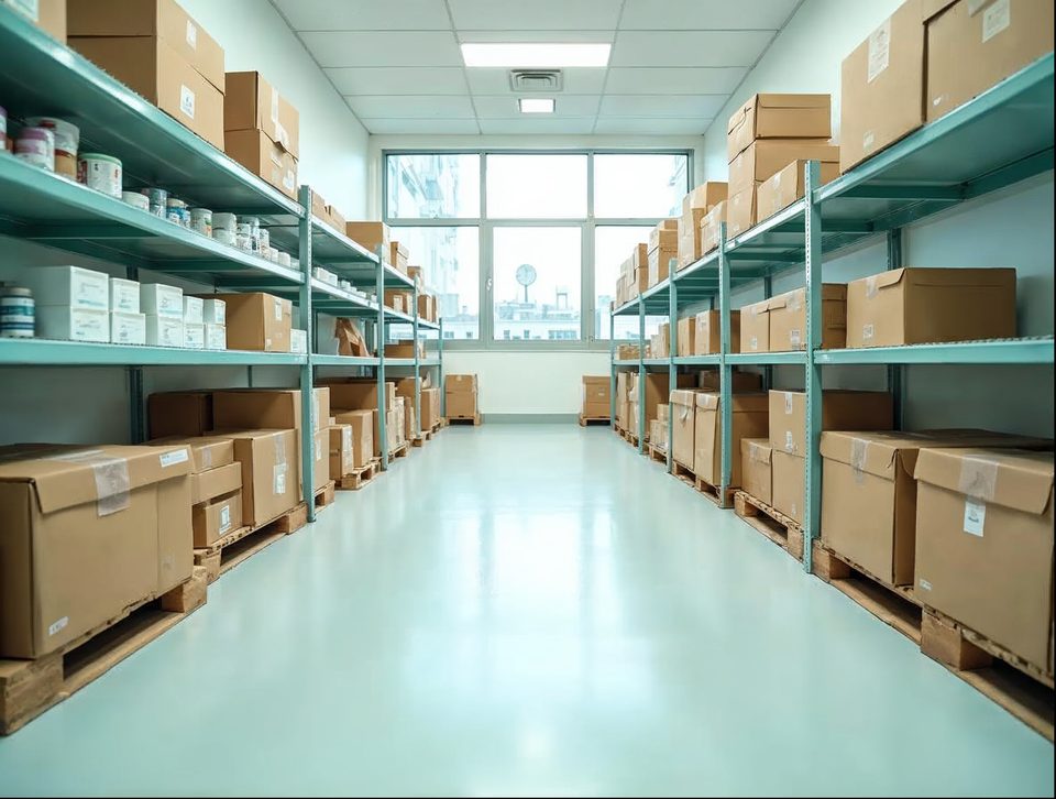 Neat shelves of boxed medical and wellness supplies in a clean temperature-controlled storage room