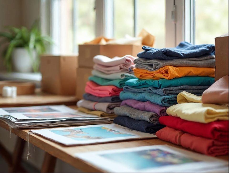 Folded colorful apparel, framed prints and parcels waiting at a bright packing table