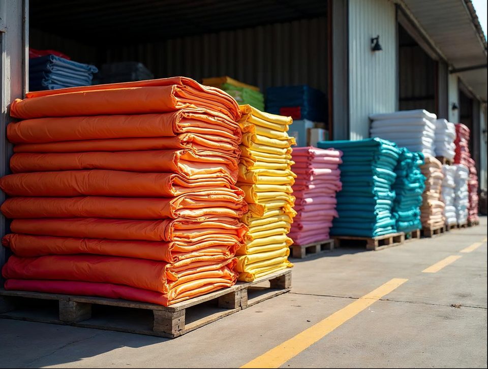 Colorful crates of event merchandise and folded stage drapes stacked on pallets in a sunlit storage area