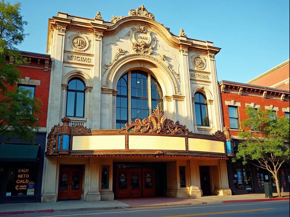 Grand historic theater facade with ornate stonework and a tall marquee frame on a downtown street in sunshine