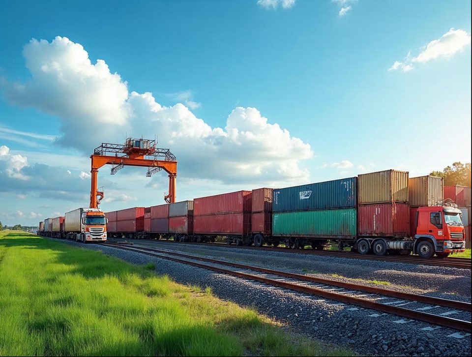 Stacked colorful shipping containers beside rail tracks and trucks in a large intermodal yard under blue sky