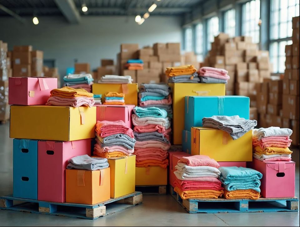 Colorful boxed consumer goods and folded apparel stacked on pallets next to a packing station