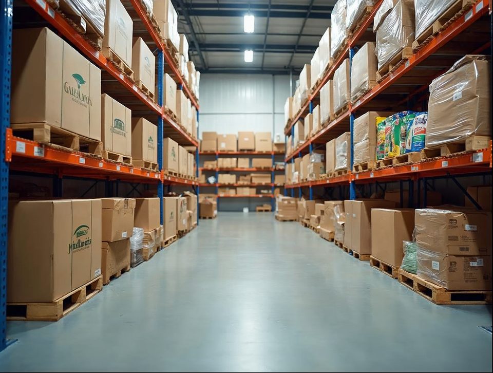 Chilled, spotless storage hall holding pallets of packaged groceries beneath bright ceiling lights