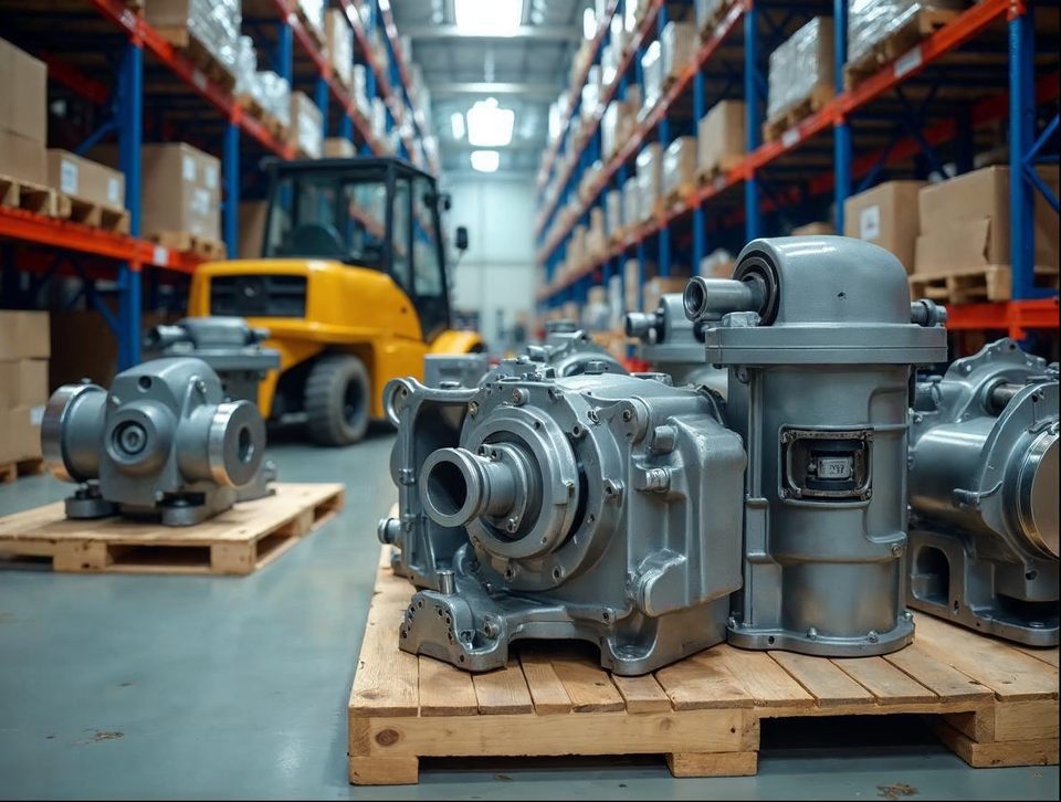 Metal components and machinery parts on wooden pallets in a spacious warehouse aisle with forklift