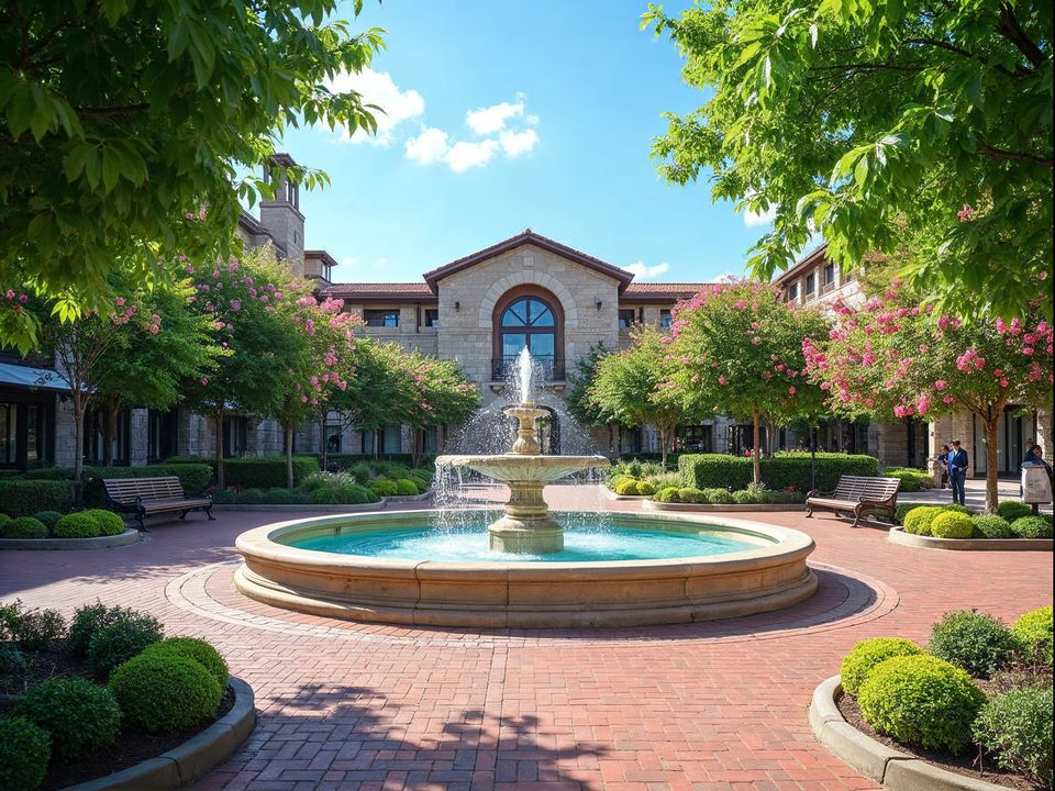 Landscaped suburban plaza with a fountain, brick walkways and flowering trees in Leawood, Kansas on a sunny day