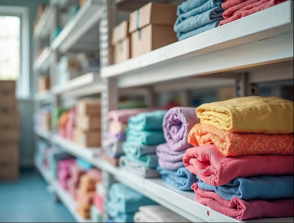 Bright retail stockroom with shelves of folded clothing and gift boxes ready to be sent to a boutique