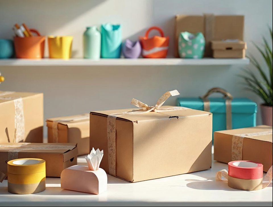 Home-business packing area with shipping cartons, tape and cheerful handmade products awaiting a courier