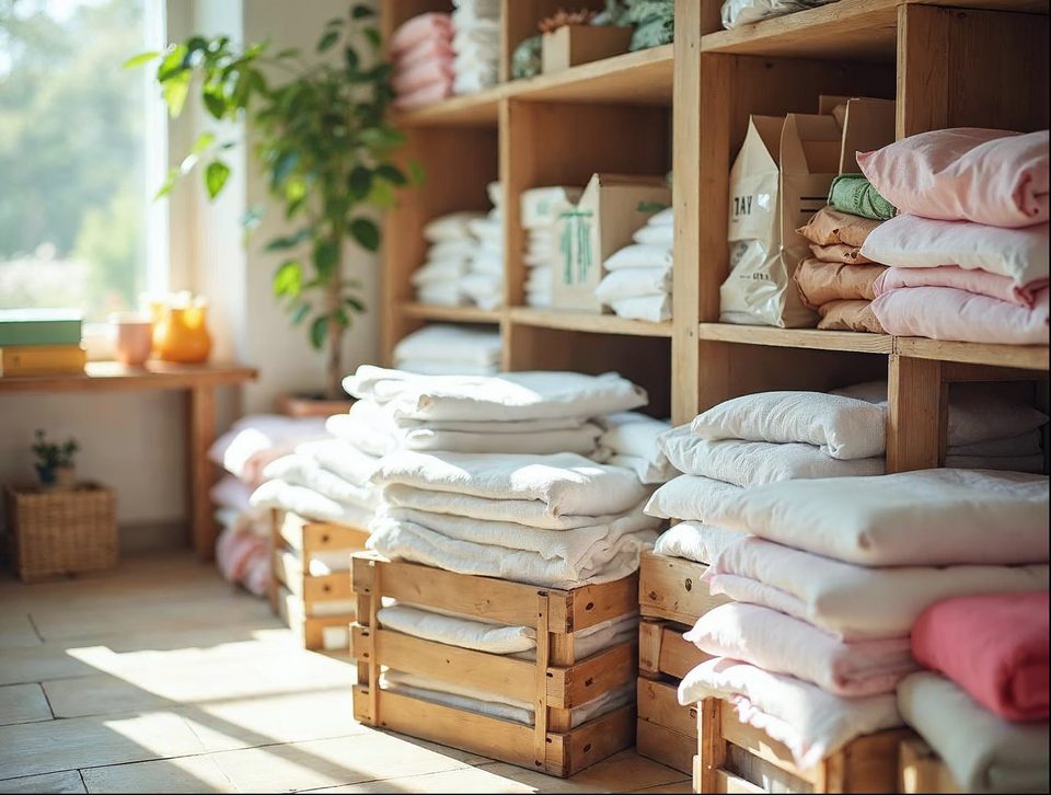 Stacked crates of linens, floral decor and boxed supplies on shelves in a bright, tidy storage room
