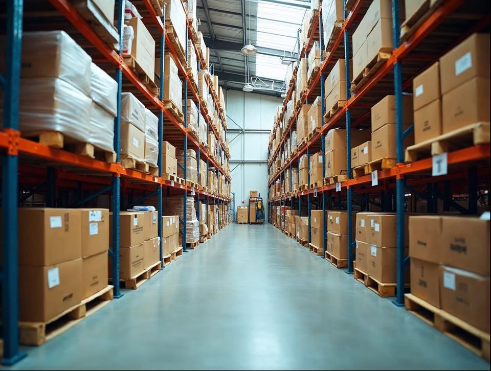 Tidy rows of labeled boxes and wrapped furniture on racks inside a bright, clean storage building