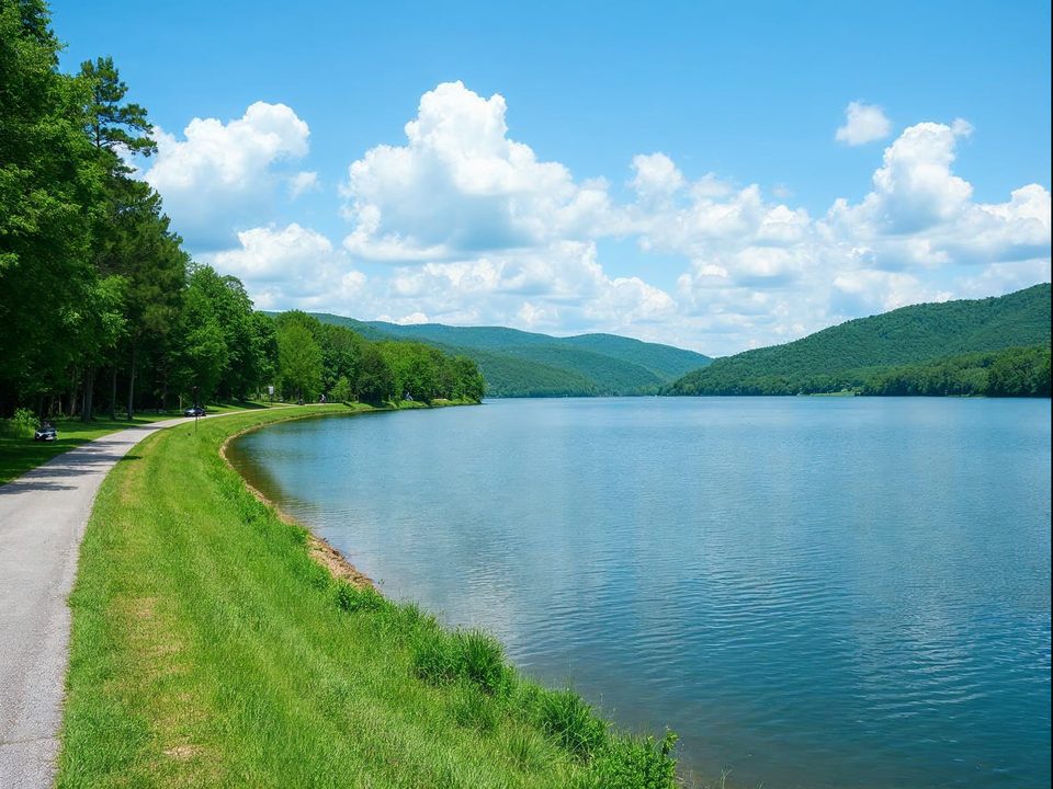 Calm blue reservoir with grassy shoreline and paved trail under bright skies near Lee’s Summit, Missouri