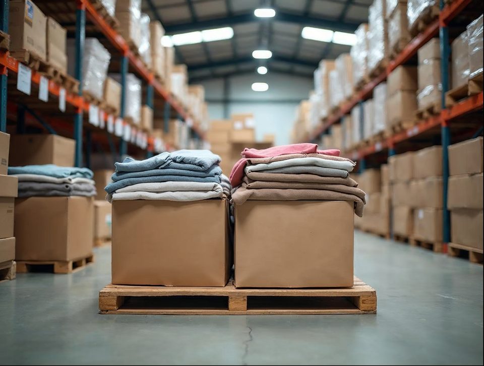 Boxed branded apparel and welcome kit supplies arranged on pallets and shelves inside a clean warehouse