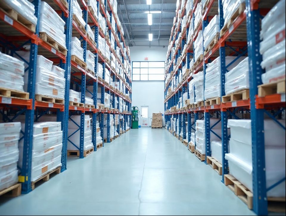 Cases of clean packaged supplies on tall racks in a bright climate-managed storage room