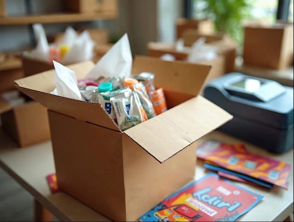Packing table with open cartons, a thermal label printer and bright merchandise waiting for parcel carriers