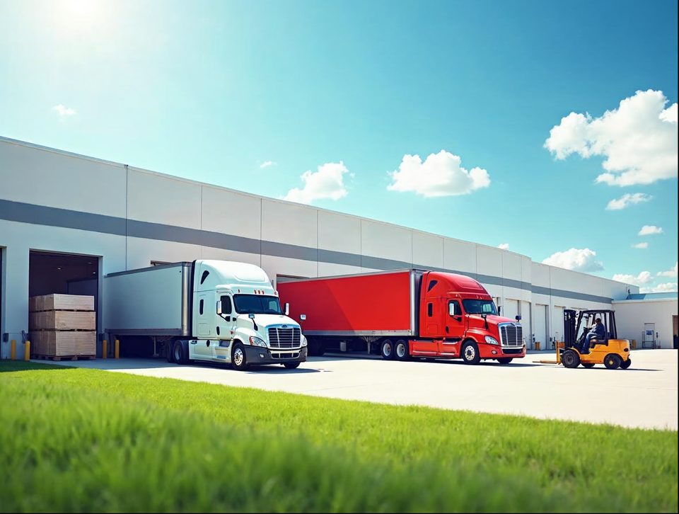A row of semi trailers waiting at warehouse bays on a sunny afternoon with blue sky overhead