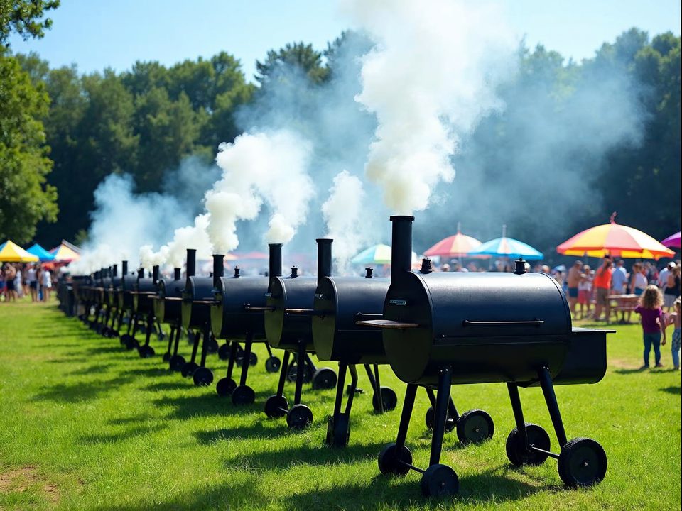 Smoker grills and picnic tents set up at a sunny park for a Kansas barbecue contest near Lenexa