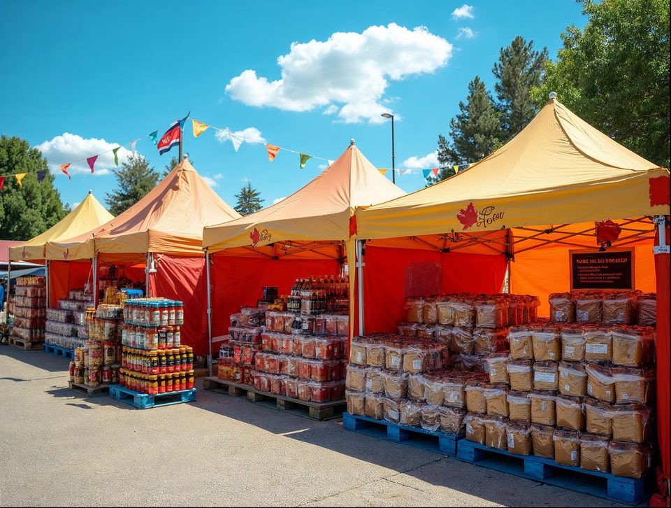 Colorful food vendor booths and pallets of bottled sauces and packaged goods ready for a summer festival