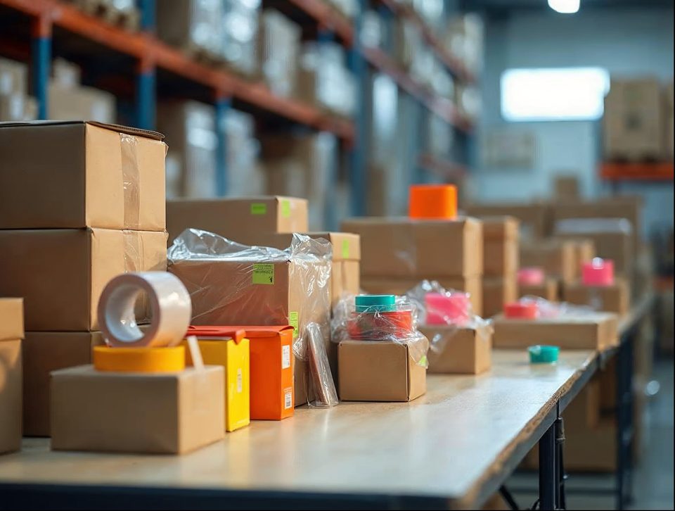 Packing table with brown cartons, tape and colorful retail products ready to ship as parcels