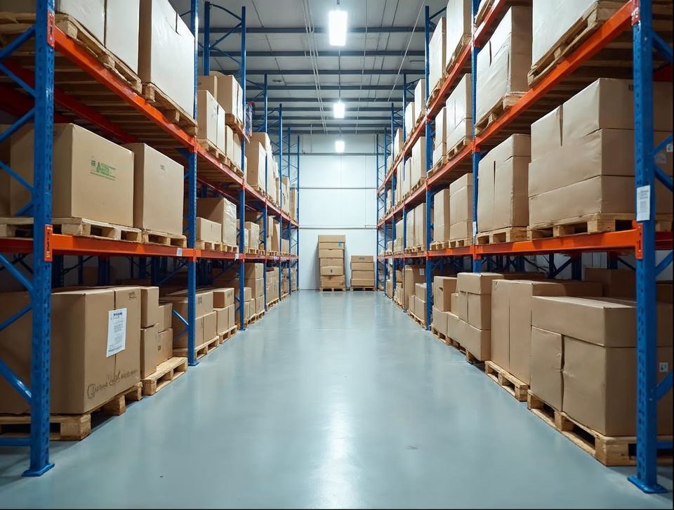 Clean cooled storage room with pallets of boxed natural food products on tall racks under bright lights