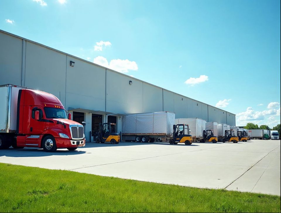 Big rigs lined up at the dock doors of a sprawling distribution center in bright sun