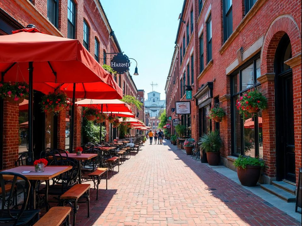 Historic brick warehouse district with cobblestone-style streets, planters and pedestrians on a sunny day in Lincoln, Nebraska