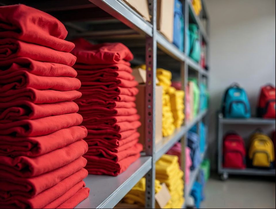 Stacks of folded red apparel and boxed merchandise on shelves in a bright storage room
