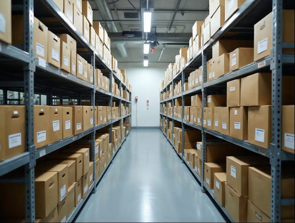 Labeled archive boxes in neat rows on metal shelving inside a clean, secure storage room