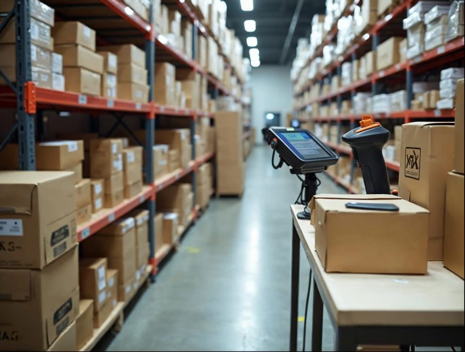 Boxed electronics and small device cartons on shelves beside a packing station with a barcode scanner